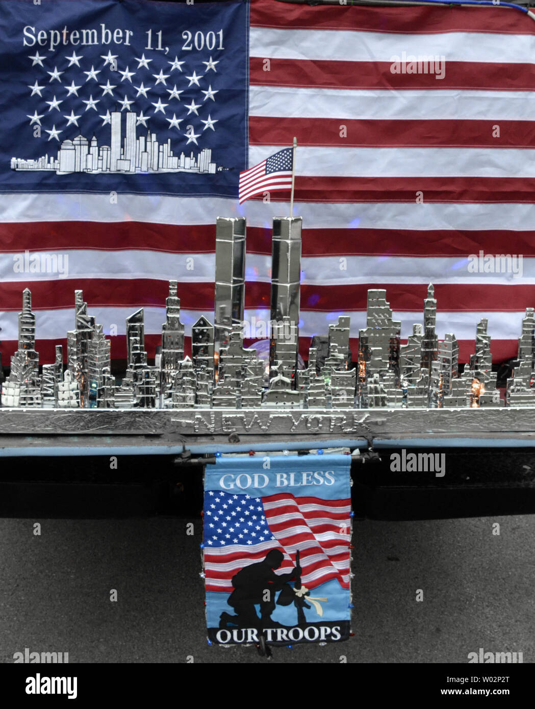 Robert Hamel's steel sculpture of the New York City Skyline on the bumper of his pickup truck pays tribute the 17th  Observance of September 11th at the Flight 93 National Memorial near Shanksville, Pennsylvania on September 11, 2018.  Photo by Archie Carpenter/UPI Stock Photo
