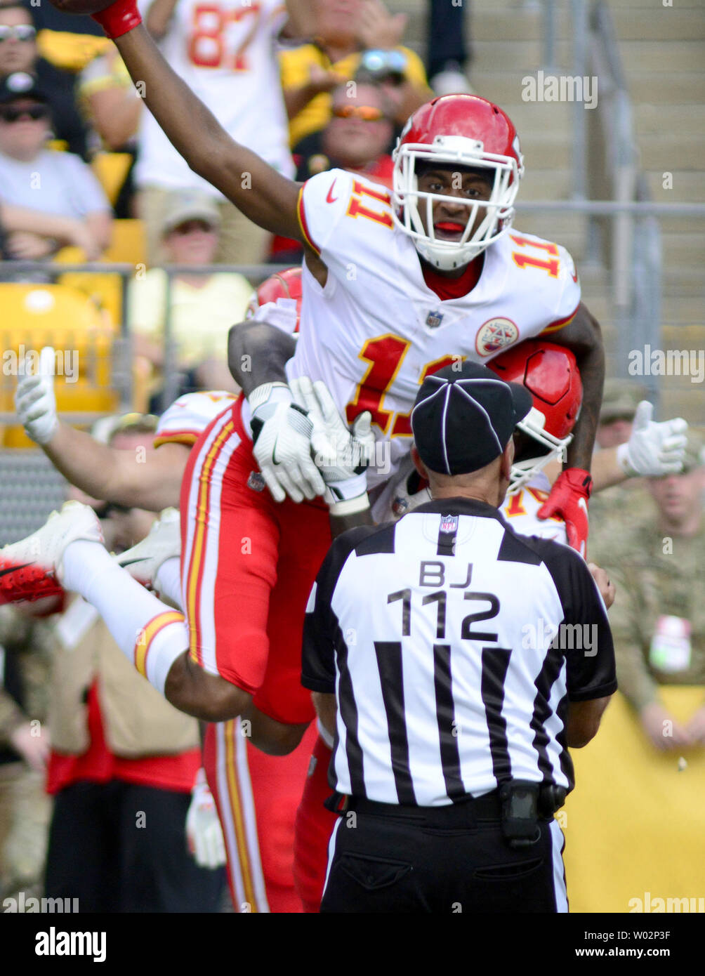 Kansas City Chiefs wide receiver Demarcus Robinson (11) celebrates his three yard touchdown reception in the back of the end zone during  the third quarter of the Chiefs 42-37 win against the Pittsburgh Steelers in Pittsburgh on September 16, 2018. Photo by Archie Carpenter/UPI Stock Photo