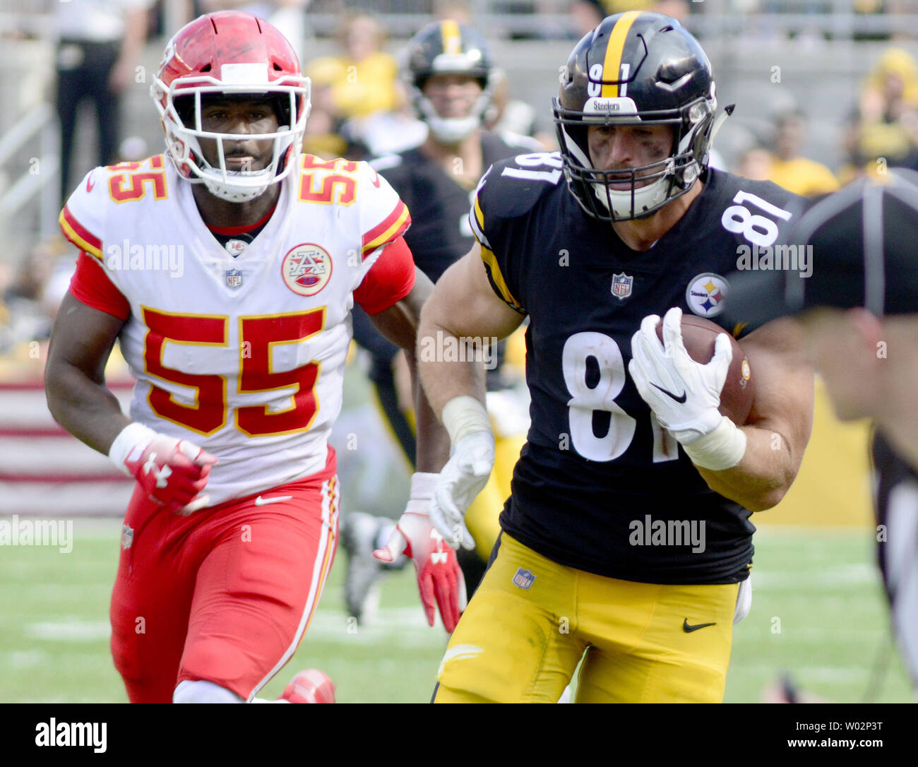 Pittsburgh Steelers tight end Jesse James (81) catches and runs for a gain of 46 yards in the fourth quarter of the Chiefs 42-37 win against the Pittsburgh Steelers in Pittsburgh on September 16, 2018. Photo by Archie Carpenter/UPI Stock Photo