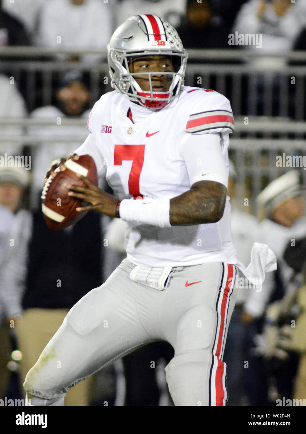 Ohio State Buckeyes quarterback Dwayne Haskins (7) steps back to pass in the second quarter against the Penn State Nittany Lions at Beaver Stadium in State College , Pennsylvania on September 29, 2018. Photo by Archie Carpenter/UPI Stock Photo