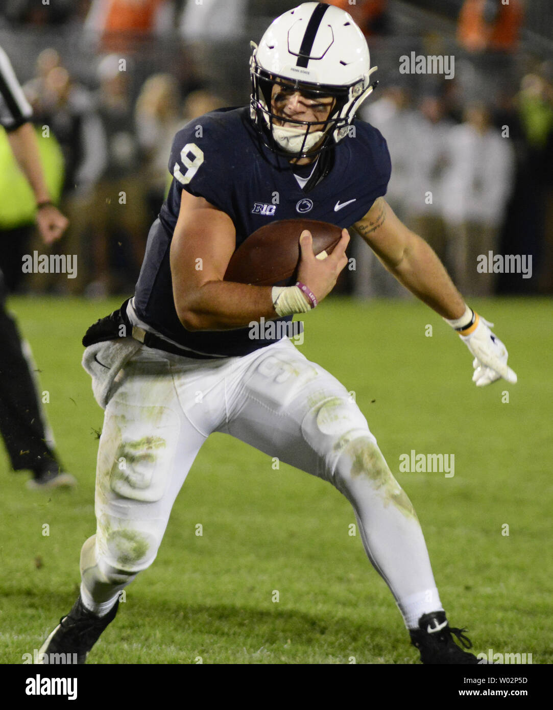 Penn State Nittany Lions quarterback Trace McSorley (9) cuts to the left and gains 13 yards in the fourth quarter of the Ohio State Buckeyes 27-26 victory at Beaver Stadium in State College , Pennsylvania on September 29, 2018. Photo by Archie Carpenter/UPI Stock Photo