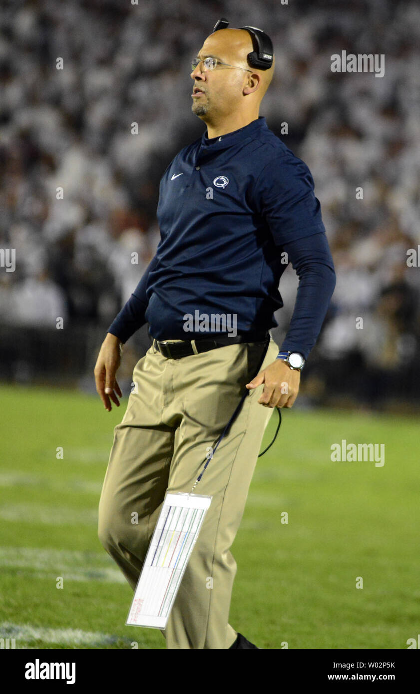 Penn State Nittany Lions head coach James Franklin watches as his team goes for a two point conversion during the fourth quarter of the Ohio State Buckeyes at Beaver Stadium in State College , Pennsylvania on September 29, 2018. Photo by Archie Carpenter/UPI Stock Photo
