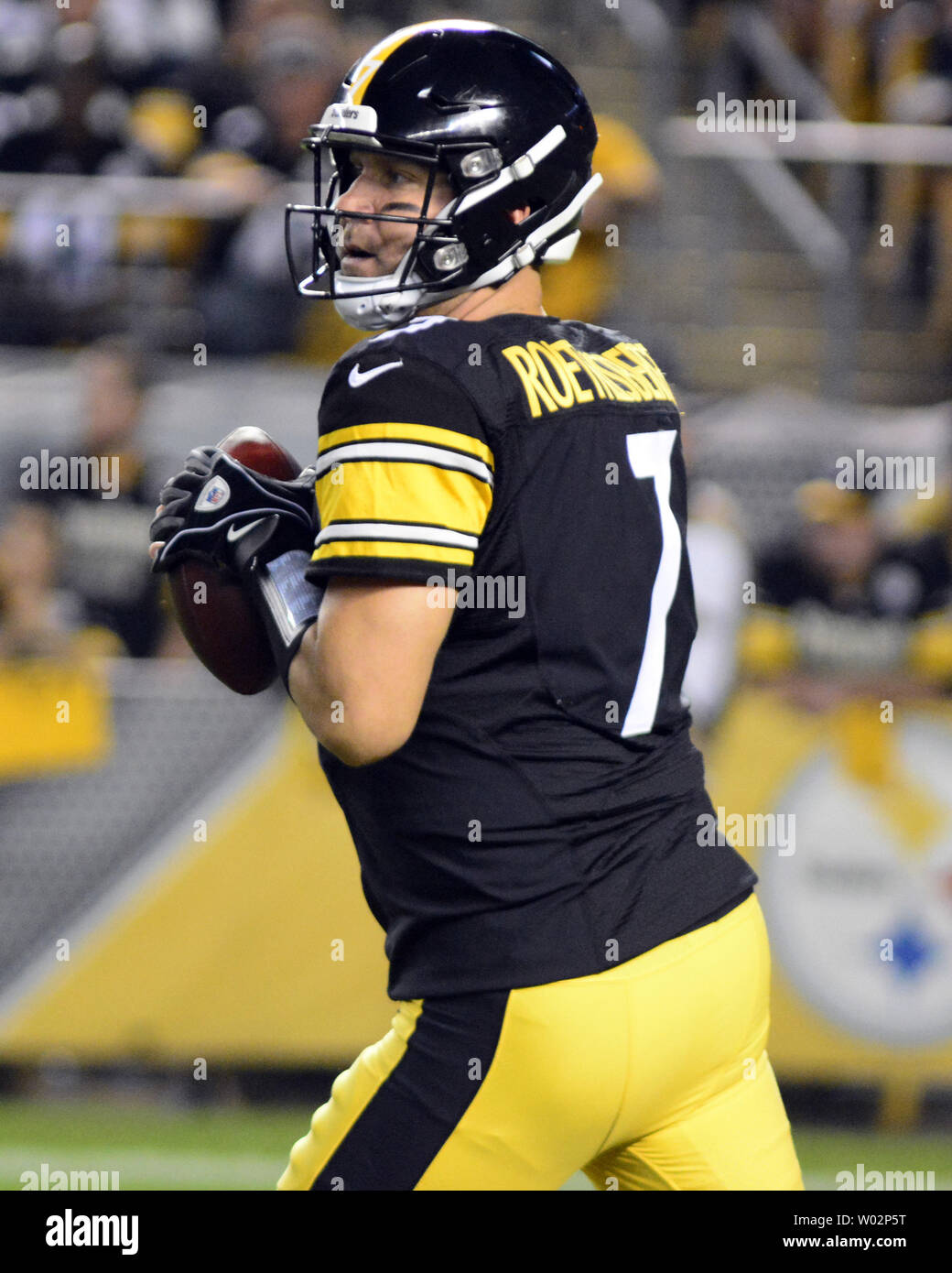 Pittsburgh Steelers quarterback Ben Roethlisberger (7) steps back pass in the first quarter against the Baltimore Ravens at Heinz Field in Pittsburgh on September 30, 2018. Photo by Archie Carpenter/UPI Stock Photo