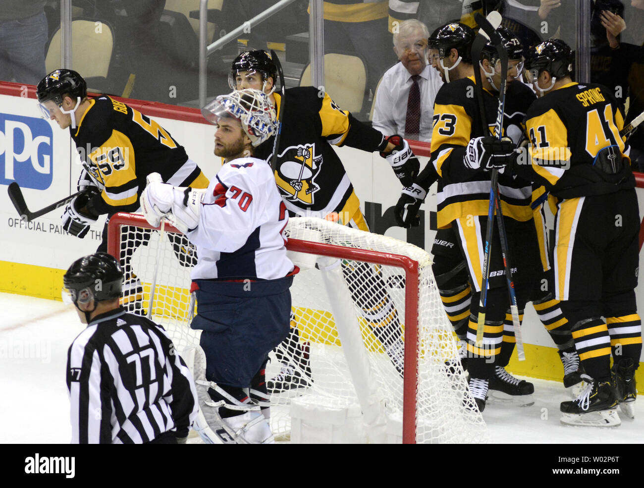 Washington Capitals goaltender Braden Holtby (70) watches the replay as