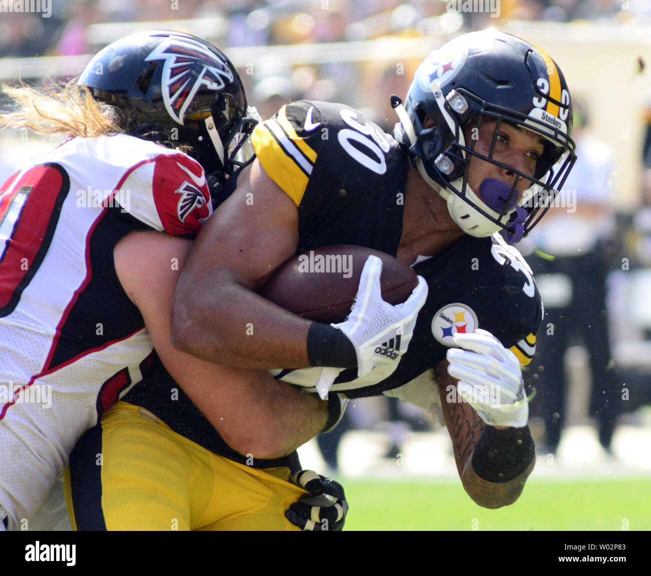 Pittsburgh Steelers running back James Conner (30) makes the reception and runs up the middle for a gain of 29 yards first quarter against the Atlanta Falcons at Heinz Field in Pittsburgh on October 7, 2018. Photo by Archie Carpenter/UPI Stock Photo