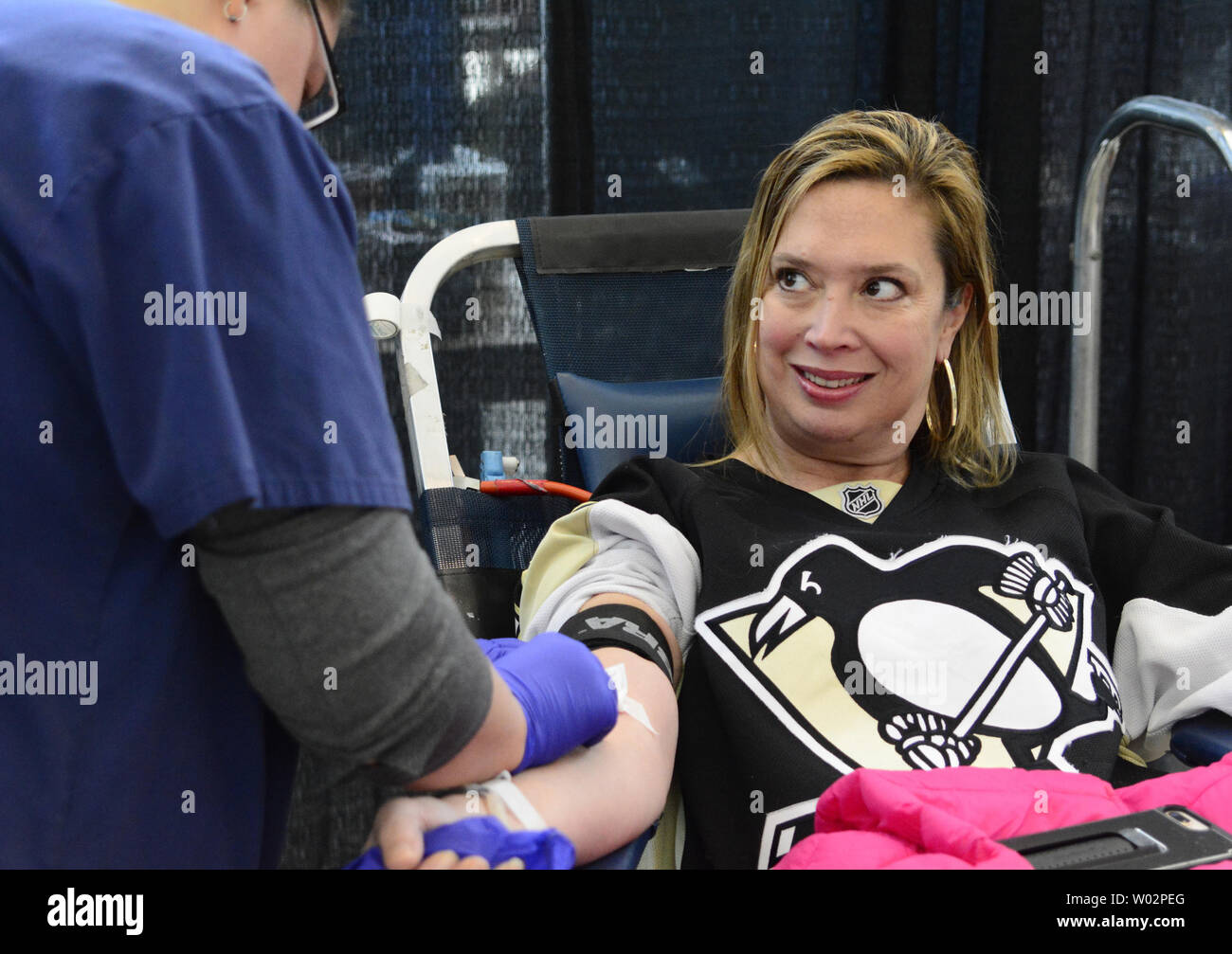 The Pittsburgh Penguin hosts a blood drive at the Pittsburgh Paints Arena in support of the victims of the Tree of Life Synagogue shooting in the Squirrel Hill neighborhood of Pittsburgh on October 29, 2018.  Photo by Archie Carpenter/UPI Stock Photo