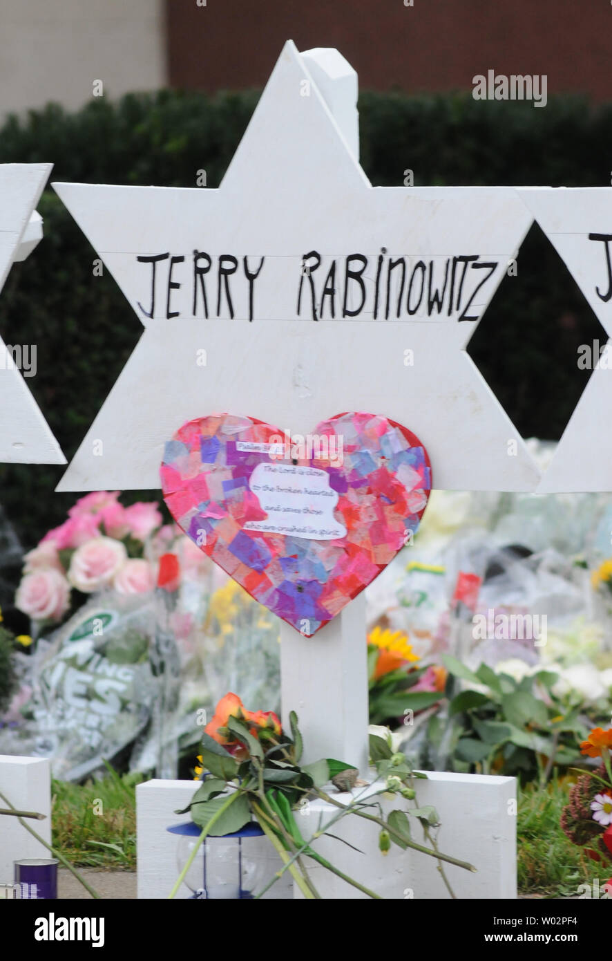 Jerry Rabinowitz, one of the 11 victims of the shooting on Saturday morning name is written on a Star of David sign at the temporary memorial outside the Tree of Life Synagogue in the Squirrel Hill neighborhood of Pittsburgh on October 29, 2018.  Photo by Archie Carpenter/UPI Stock Photo