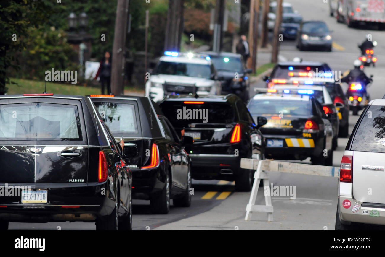 The motorcade for the funeral of brothers Cecil and David Rosenthal departs the Rodef Shalom Temples in Pittsburgh on October 30, 2018. The brothers where victims of the mass shooting where a gunman kill 11 people at the Tree of Life Synagogue.   Photo by Archie Carpenter/UPI Stock Photo