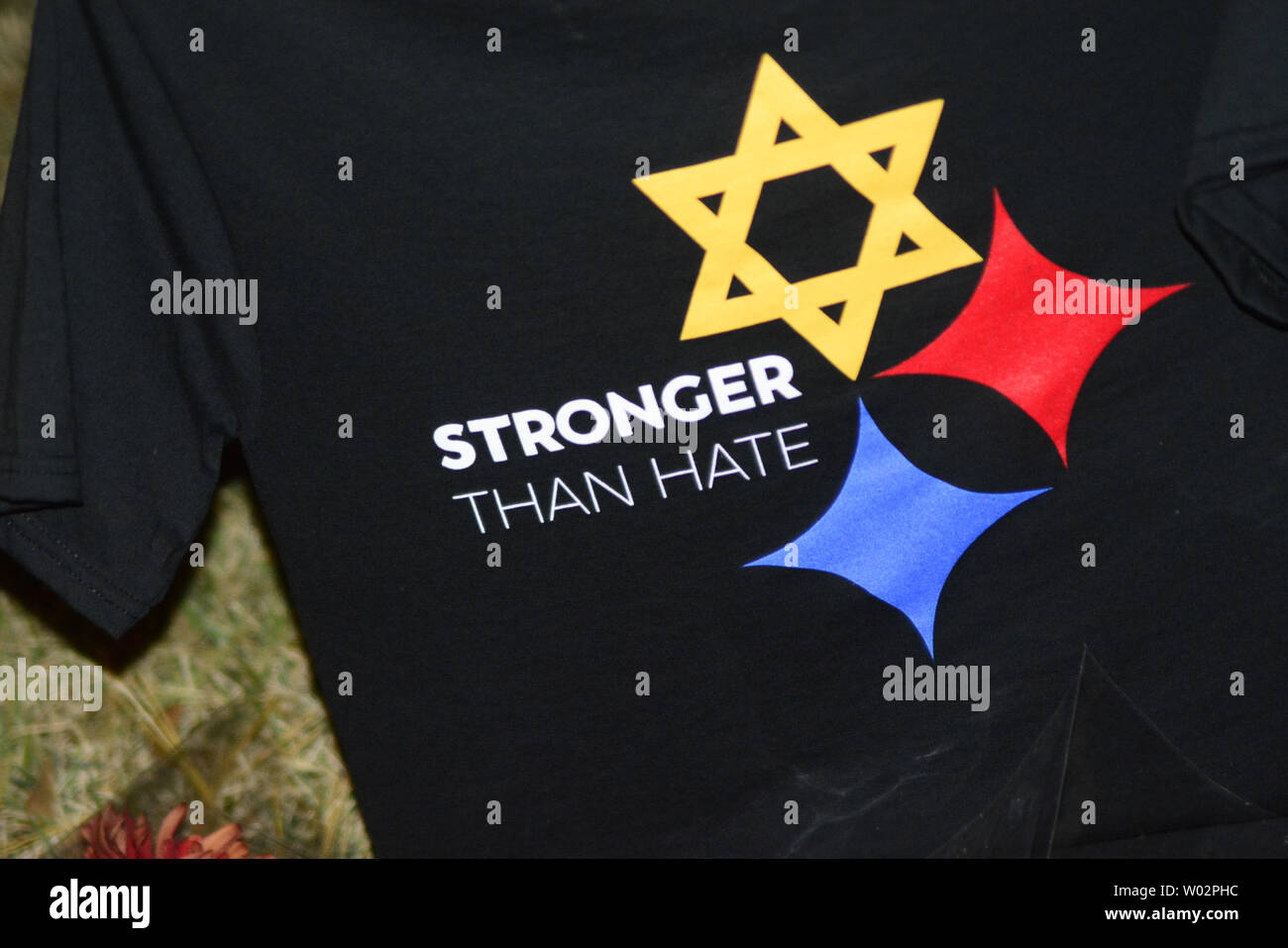 A Stronger Than Hate tee shirt is among many remembrances left at the police barrier Friday night near the Tree of Life Synagogue in the Squirrel Hill neighborhood of Pittsburgh on November 2, 2018.   Photo by Archie Carpenter/UPI Stock Photo