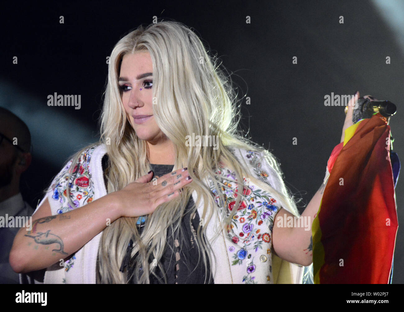 Kesha performs at the Stronger Than Hate concert in downtown Pittsburgh with proceeds going to the Jewish Federation's Our Victims of Terror Fund on November 3, 2018. The concert was held one week after the shooting at the Tree of Life Synagogue.  Photo by Archie Carpenter/UPI Stock Photo