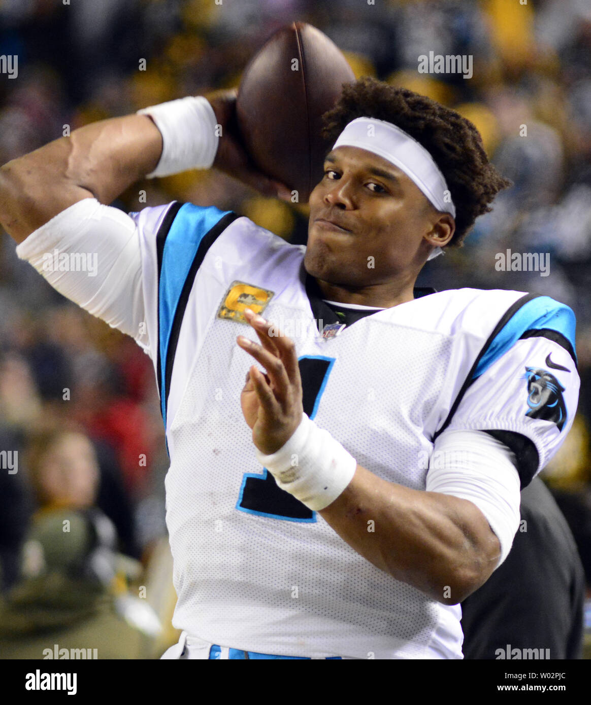 Carolina Panthers quarterback Cam Newton (1) throws on the sidelines to stay warm in the first quarter against the Pittsburgh Steelers at Heinz Field in Pittsburgh on November 8, 2018. Photo by Archie Carpenter/UPI Stock Photo