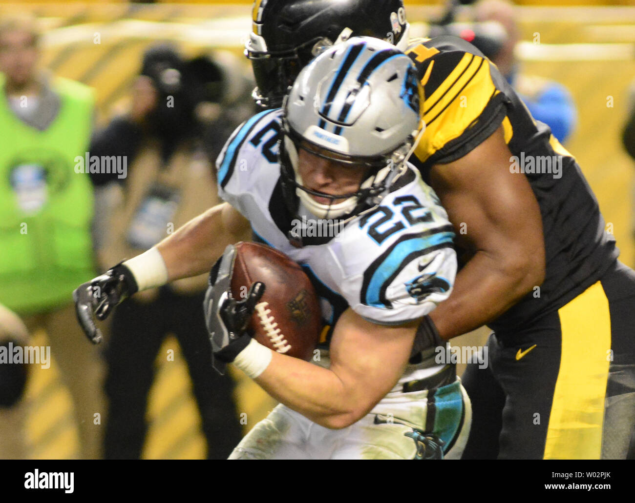Carolina Panthers running back Christian McCaffrey (22) scores a one yard touchdown in the fourth quarter of the Pittsburgh Steelers 52-21 win at Heinz Field in Pittsburgh on November, 2018. Photo by Archie Carpenter/UPI Stock Photo