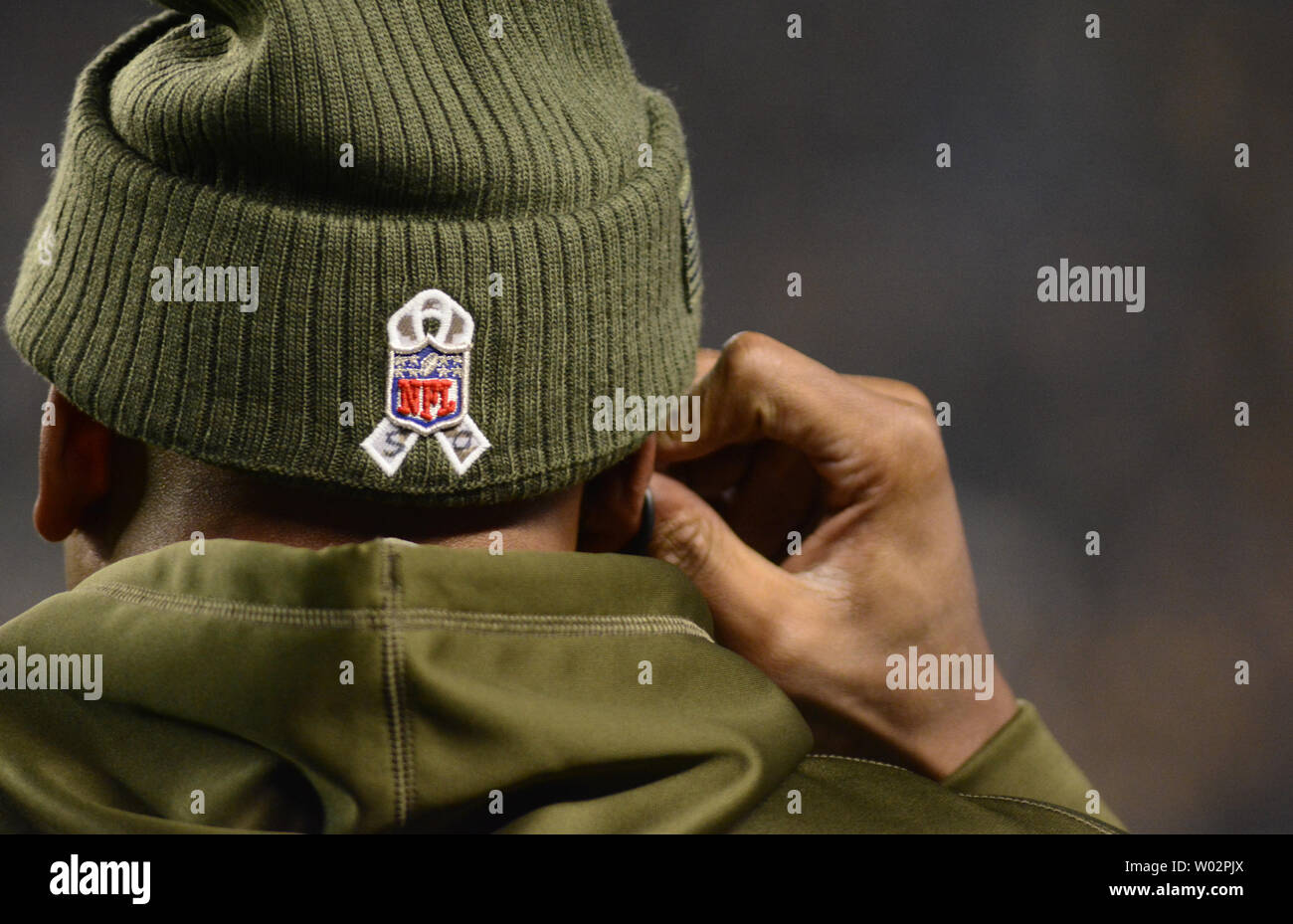 Pittsburgh Steelers linebacker Ryan Shazier (50) wears a special cap honoring the military during the second quarter of the Pittsburgh Steelers 52-21 win against the Carolina Panthers at Heinz Field in Pittsburgh on November, 2018. Photo by Archie Carpenter/UPI Stock Photo