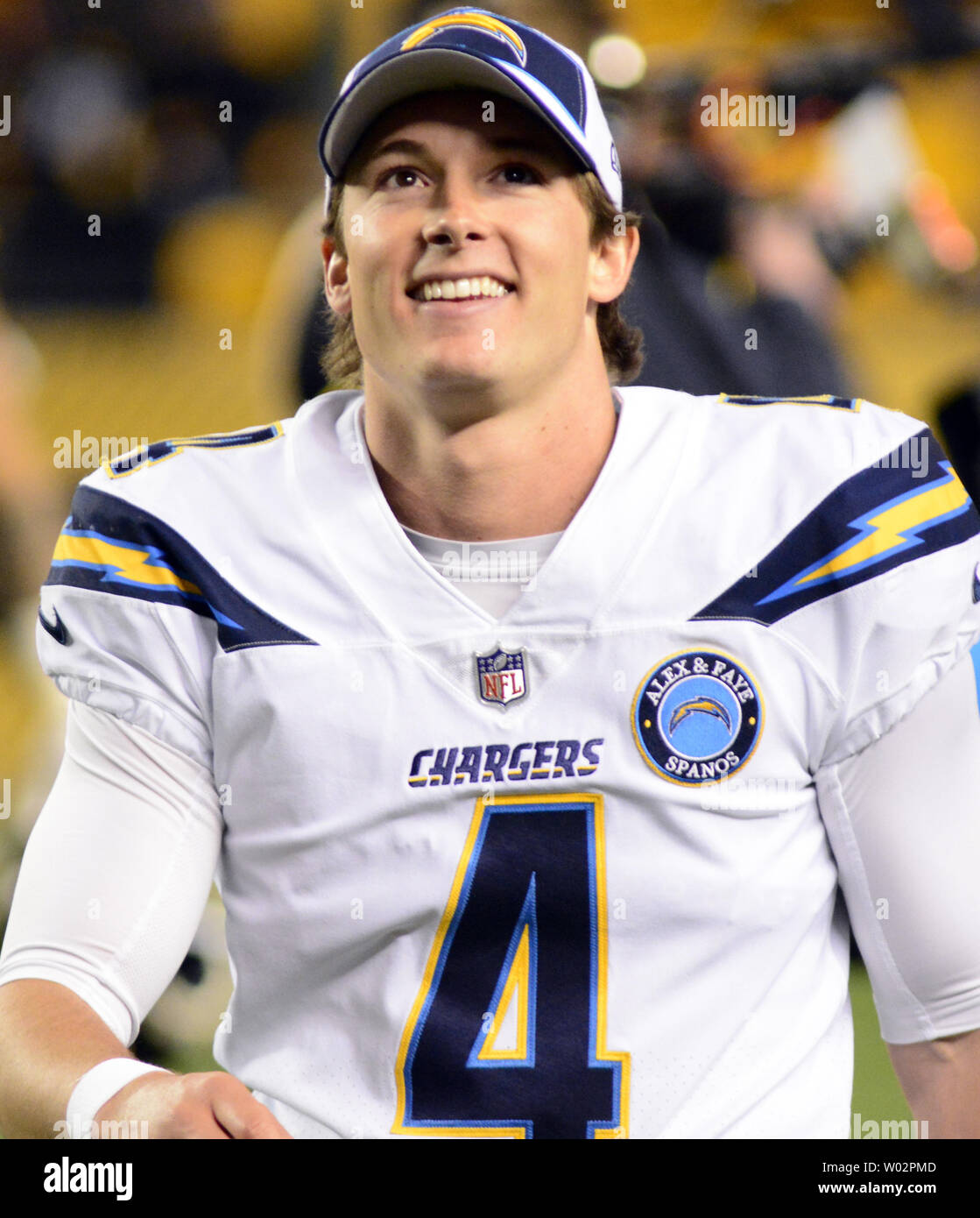 Los Angeles Chargers kicker Mike Badgley (4) smiles following the Chargers  33-30 win against the Pittsburgh Steelers at Heinz Field in Pittsburgh on  December 2, 2018. Photo by Archie Carpenter/UPI Stock Photo - Alamy