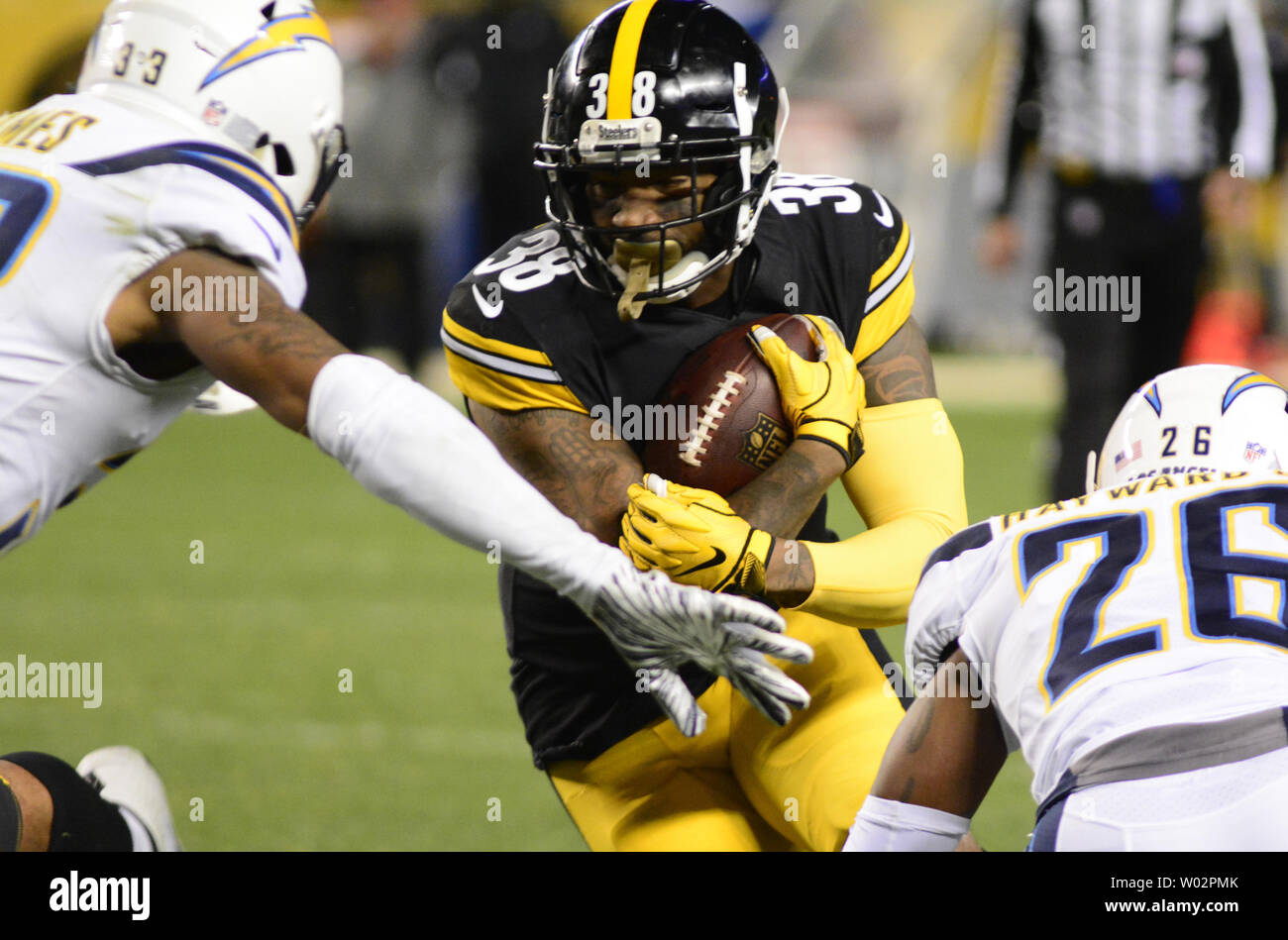 Pittsburgh Steelers running back Jaylen Samuels (38) takes a short pass and gains six yards during the fourth quarter of the Los Angeles Chargers 33-30 win at Heinz Field in Pittsburgh on December 2, 2018.   Photo by Archie Carpenter/UPI Stock Photo