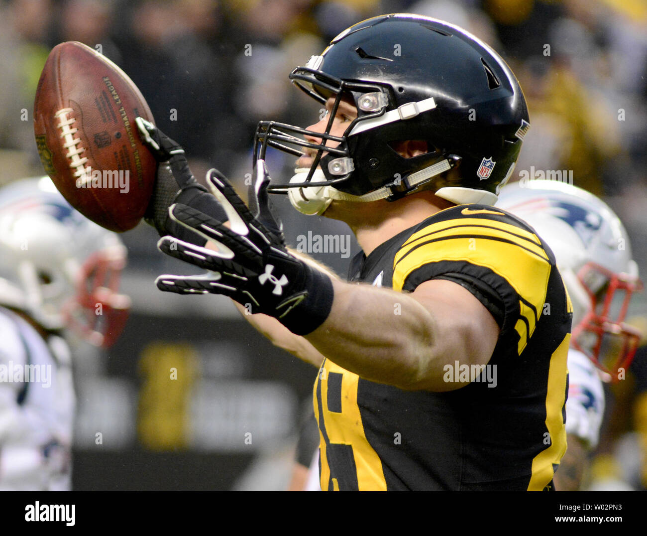Pittsburgh Steelers tight end Vance McDonald (89) celebrates his touchdown  in the first quarter against the New England Patriots at Heinz Field in Pittsburgh on December 16, 2018.  Photo by Archie Carpenter/UPI Stock Photo