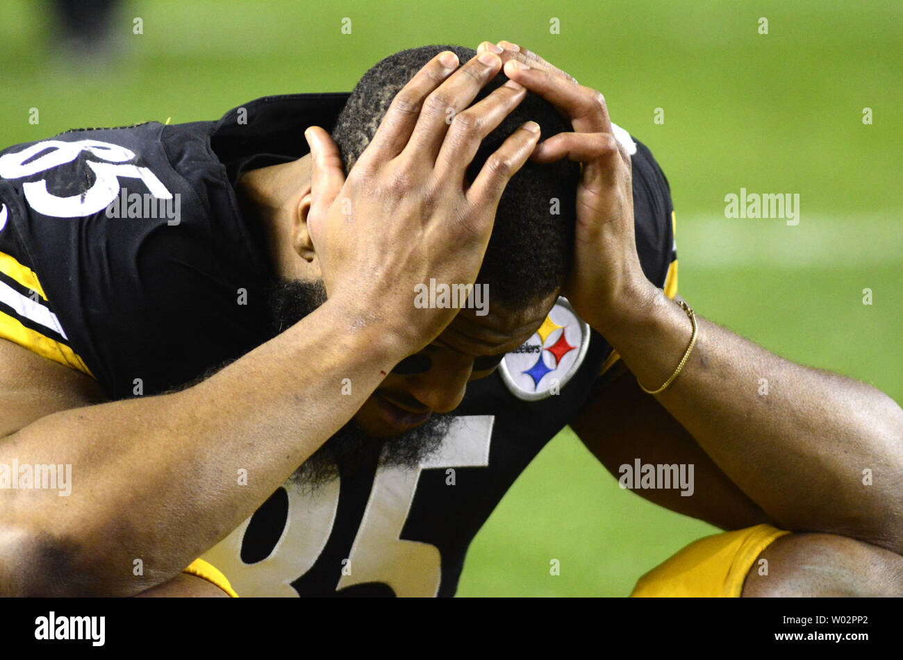 Pittsburgh Steelers tight end Xavier Grimble (85) reacts as he watches the end of the Cleveland Browns game following the 16-13 win against the Cincinnati Bengals at Heinz Field in Pittsburgh on December 30, 2018.  Photo by Archie Carpenter/UPI Stock Photo