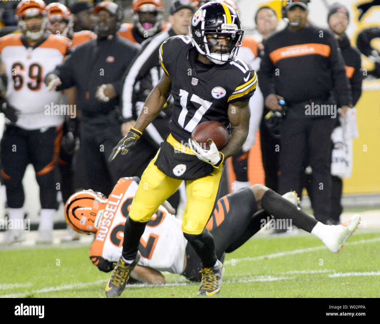 Pittsburgh Steelers wide receiver Eli Rogers (17) spins away from Cincinnati Bengals cornerback KeiVarae Russell (20) in the fourth quarter of the Steelers 16-13 win against the Cincinnati Bengals at Heinz Field in Pittsburgh on December 30, 2018.  Photo by Archie Carpenter/UPI Stock Photo