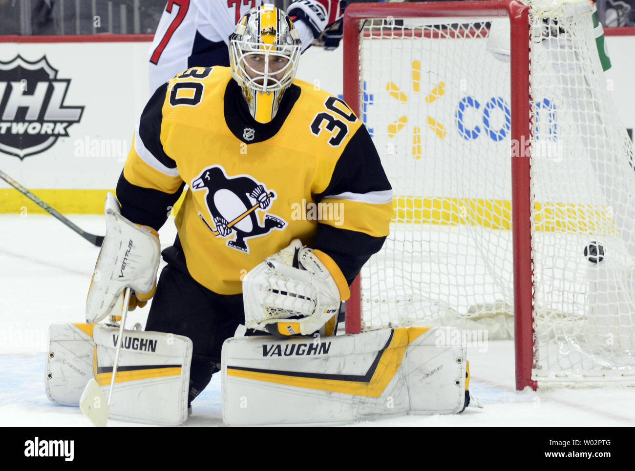 Pittsburgh Penguins goaltender Matt Murray (30) reacts to Washington Capitals left wing Jakub Vrana's goal during the first period of their 5-3 win at PPG Paints Arena in Pittsburgh on March 12, 2018.  .  Photo by Archie Carpenter/UPI Stock Photo