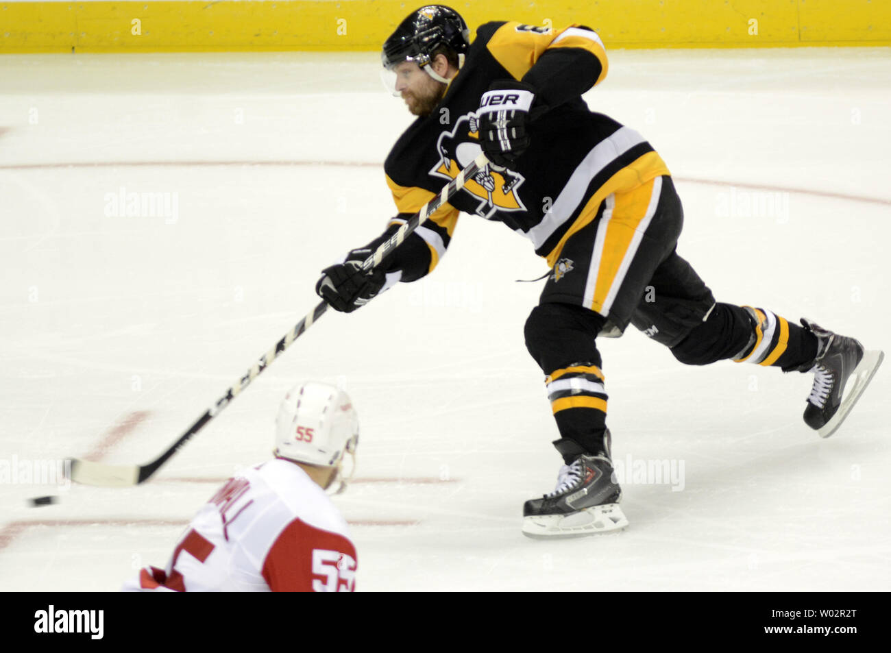 Pittsburgh Penguins right wing Phil Kessel (81) takes a shot on goal during the second period of the 4-1 win against the Detroit Red Wings at PPG Paints Arena in Pittsburgh on April 4, 2019.   Photo by Archie Carpenter/UPI Stock Photo
