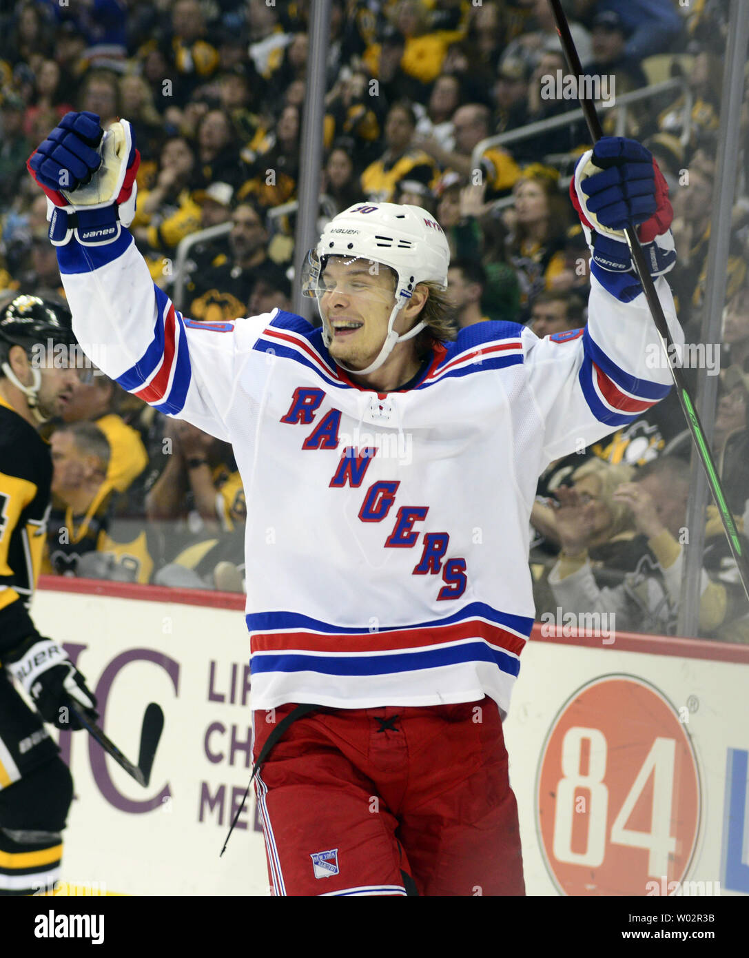 New York Rangers center Vladislav Namestnikov (90) celebrates his shorthanded goal late in the third period against the Pittsburgh Penguins  at PPG Paints Arena in Pittsburgh on April 6, 2019.    The New York Rangers went on to win 4-3 on a goal by New York Rangers center Ryan Strome in overtime.  Photo by Archie Carpenter/UPI Stock Photo