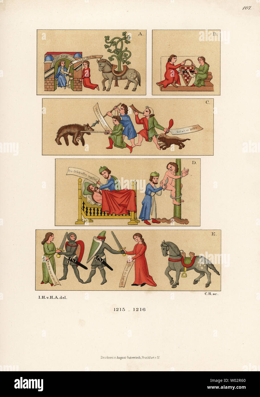 Costumes from the early 13th century. From a manuscript of Thomasin von Zirclaere's Der Walsche Gast. Symbolic scenes of a couple (German youth) with horse and tree A, Cicero and Rhetorica B,