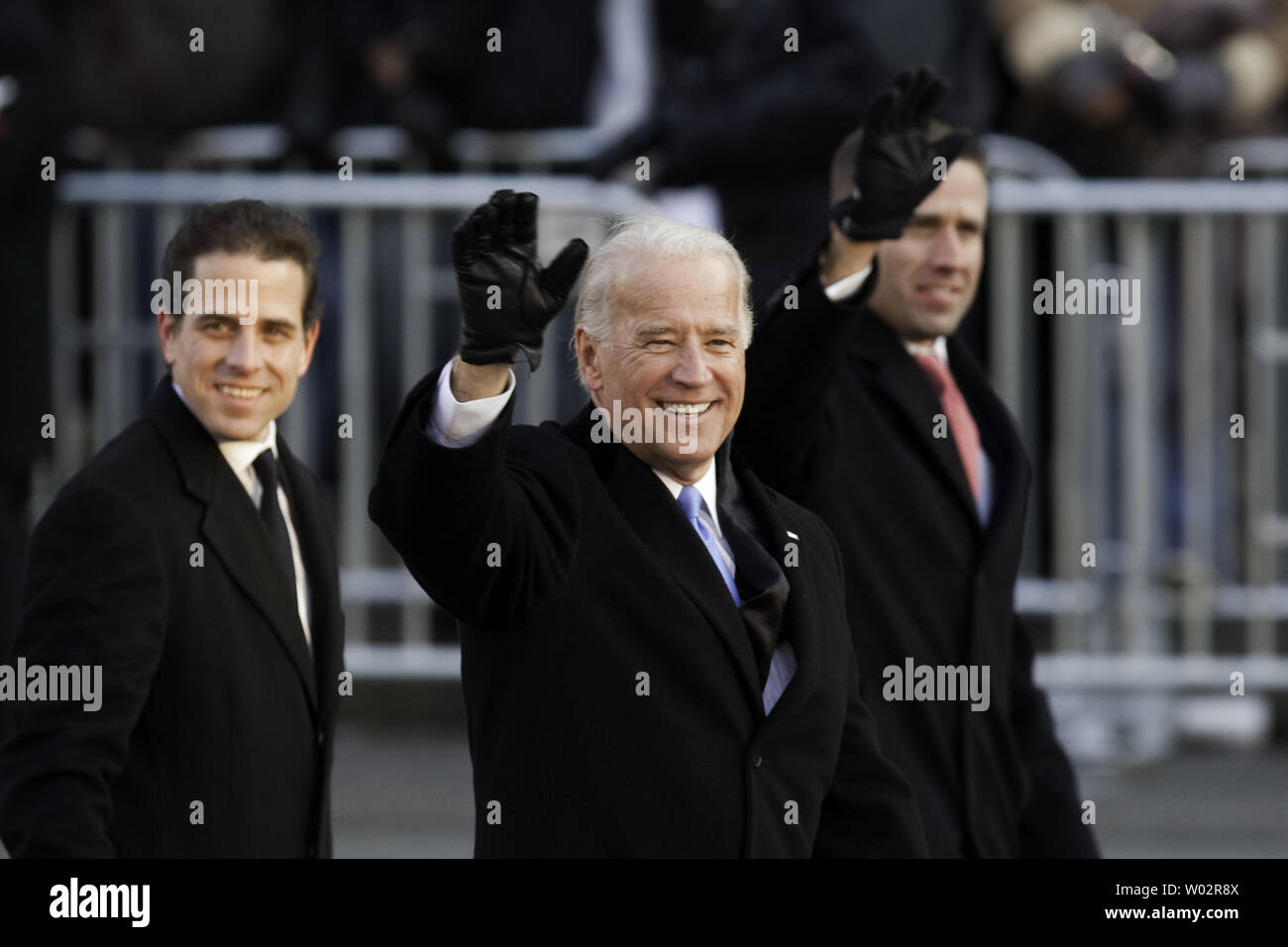 Vice President Joe Biden waves to the crowd at Freedom Plaza in Washington on January 20, 2009.  Barack Obama was sworn in as the 44th President of the United States of America at his Inauguration Ceremony on Capitol Hill earlier in the day.  (UPI Photo/Patrick D. McDermott) Stock Photo