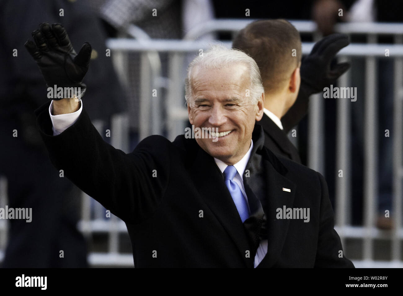 Vice President Joe Biden waves to the crowd at Freedom Plaza in Washington on January 20, 2009.  Barack Obama was sworn in as the 44th President of the United States of America during his Inauguration Ceremony on Capitol Hill earlier in the day.  (UPI Photo/Patrick D. McDermott) Stock Photo