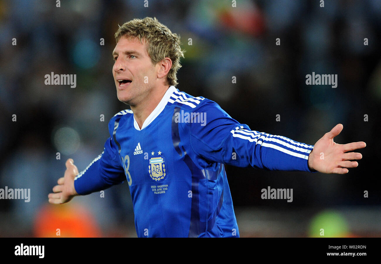 Martin Palermo of Argentina celebrates scoring his side's second goal during the Group B match at the Peter Mokaba Stadium in Polokwane, South Africa on June 22, 2010. UPI/Chris Brunskill Stock Photo