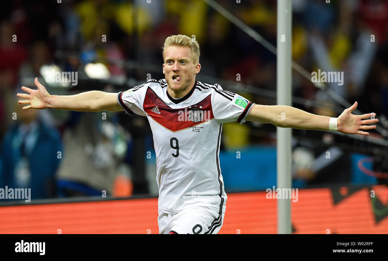 Andre Schurrle of Germany celebrates scoring the opening goal during the 2014 FIFA World Cup Round of 16 match at the Estadio Beira-Rio in Porto Alegre, Brazil on June 30, 2014. UPI/Chris Brunskill Stock Photo