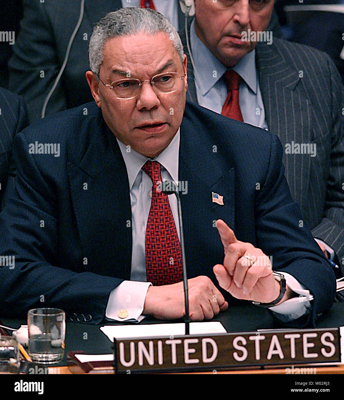 United States Secretary of State Colin Powell outlines the United States policies towards Iraq  at the Jan. 20, 2003 ministerial meetings on terrorism held at the United Nations Security Council.     (UPI Photo/Ezio Petersen) Stock Photo