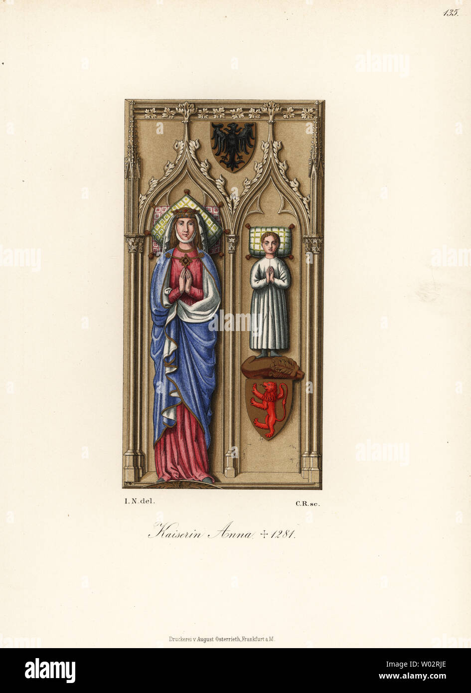 Gertrude Anne of Hohenberg, 1225-1281, queen of King Rudolf I of Germany, and her son Charles, d.1276. Kaiserin Anna Gertraud, Karl. From her tomb in Basel Minster. Chromolithograph from Hefner-Alteneck's Costumes, Artworks and Appliances from the Middle Ages to the 17th Century, Frankfurt, 1889. Illustration by Dr. Jakob Heinrich von Hefner-Alteneck, lithographed by C.R. Dr. Hefner-Alteneck (1811 - 1903) was a German museum curator, archaeologist, art historian, illustrator and etcher. Stock Photo