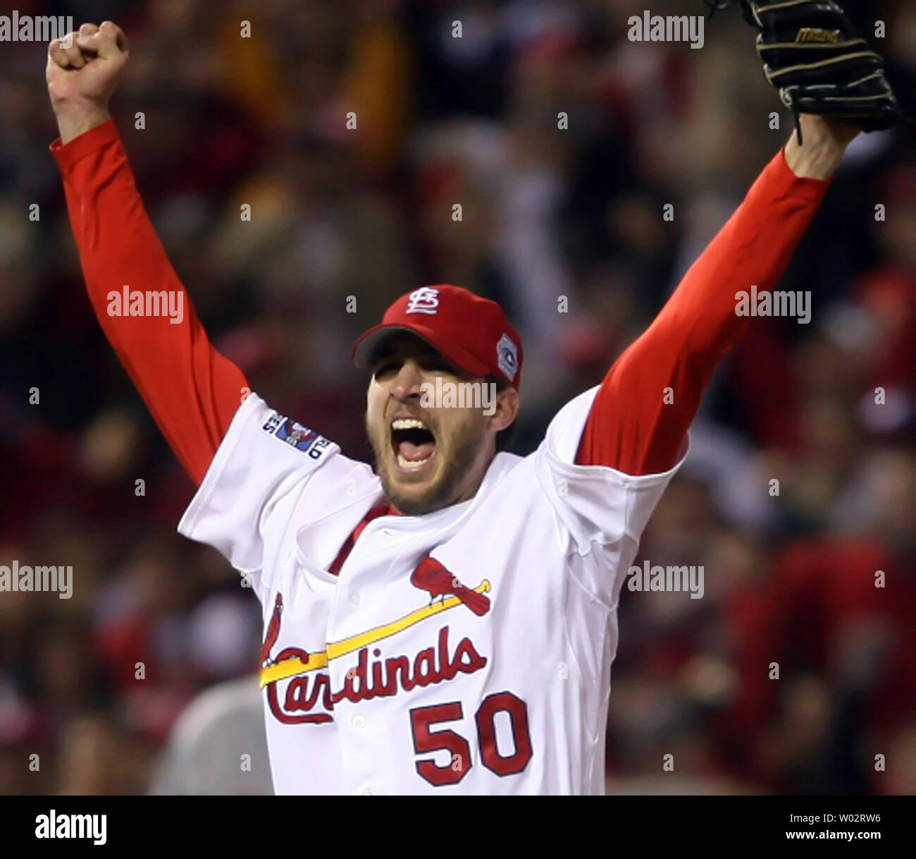 The St. Louis Cardinals closing pitcher Adam Wainwright (50) celebrates his  team's 4-2 victory over the Detroit Tigers in Game 5 to win the Major  League Baseball's World Series in St. Louis