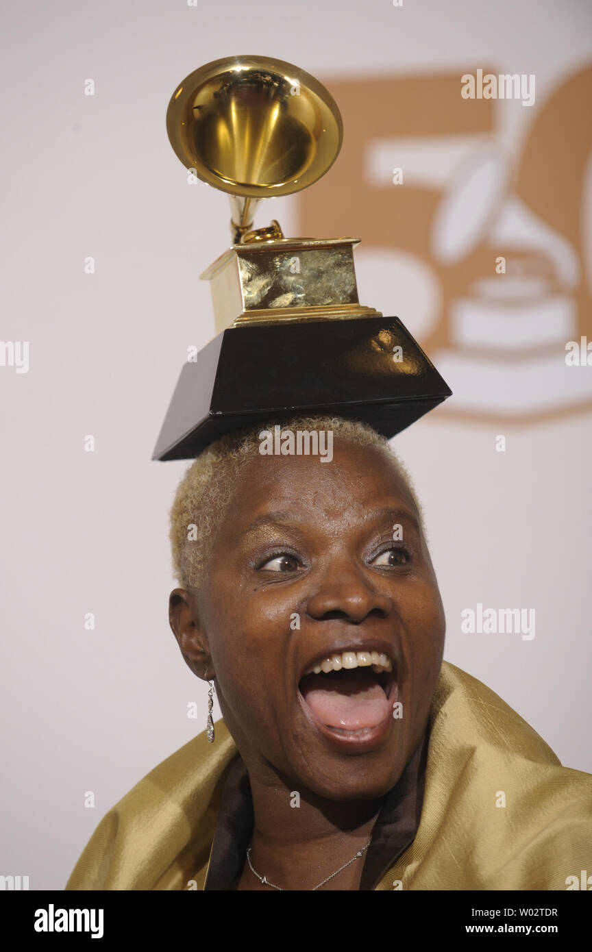 Angelique Kidjo shows off her Grammy for Best Contemporary World Music Album 'Djin Djin' at the 50th annual Grammy Awards at the Staples Center in Los Angeles on February 10, 2008.   (UPI Photo/Phil McCarten) Stock Photo