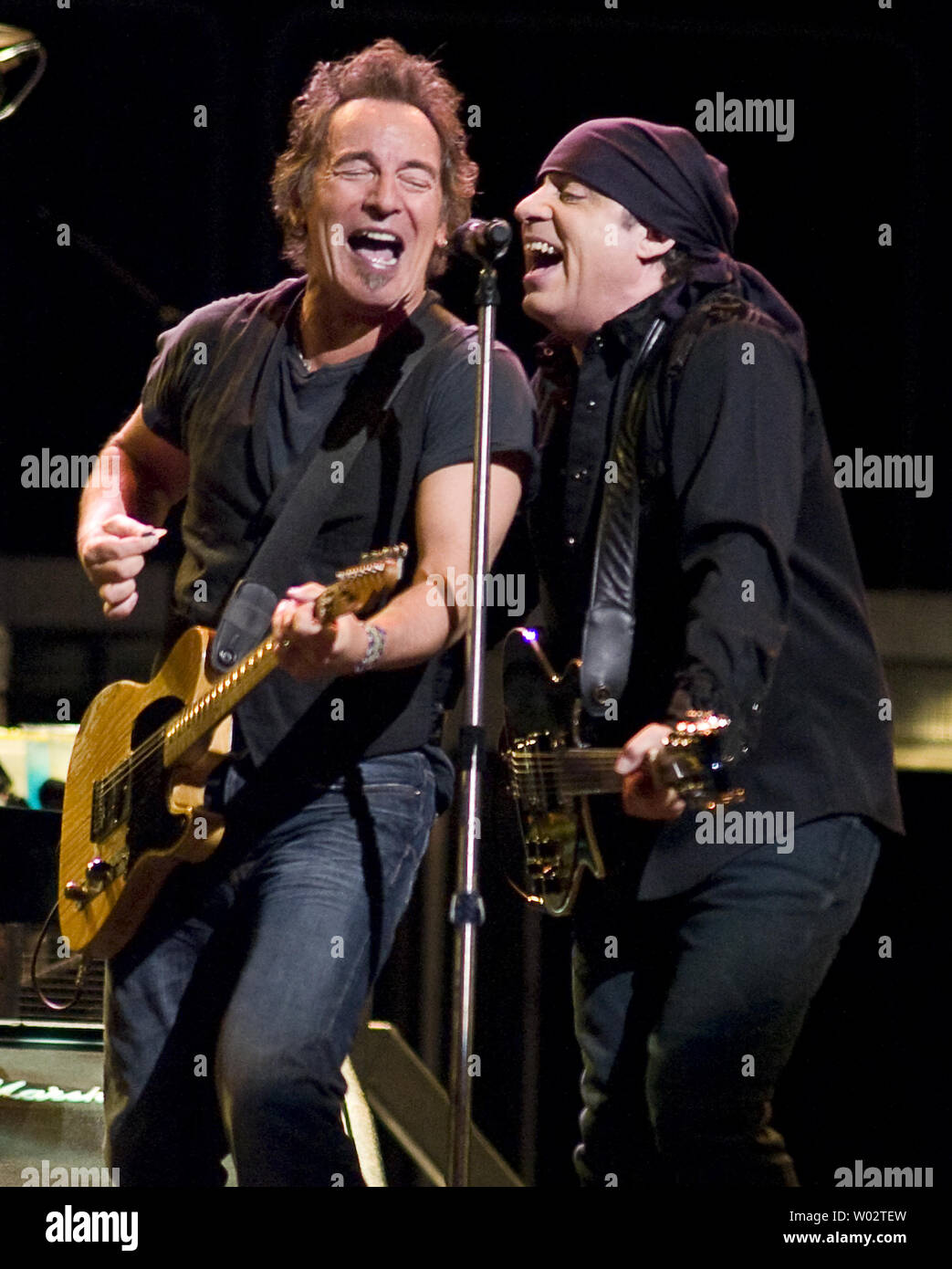 Bruce Springsteen (L) and Steven Van Zandt of the E Street Band perform " Radio Nowhere" from the Magic Album at the Key Arena in Seattle on March  29, 2008. The band is