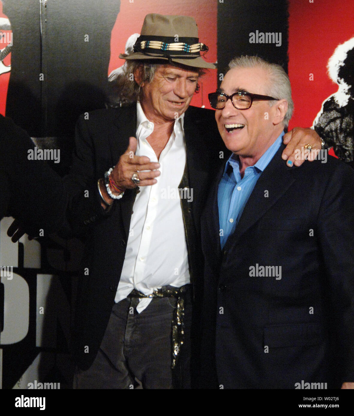 Keith Richards (L) of the Rolling Stones chats with director Martin Scorsese  during a press conference for the Martin Scorsese film documentary on the Rolling  Stones "Shine A Light" on March 30,