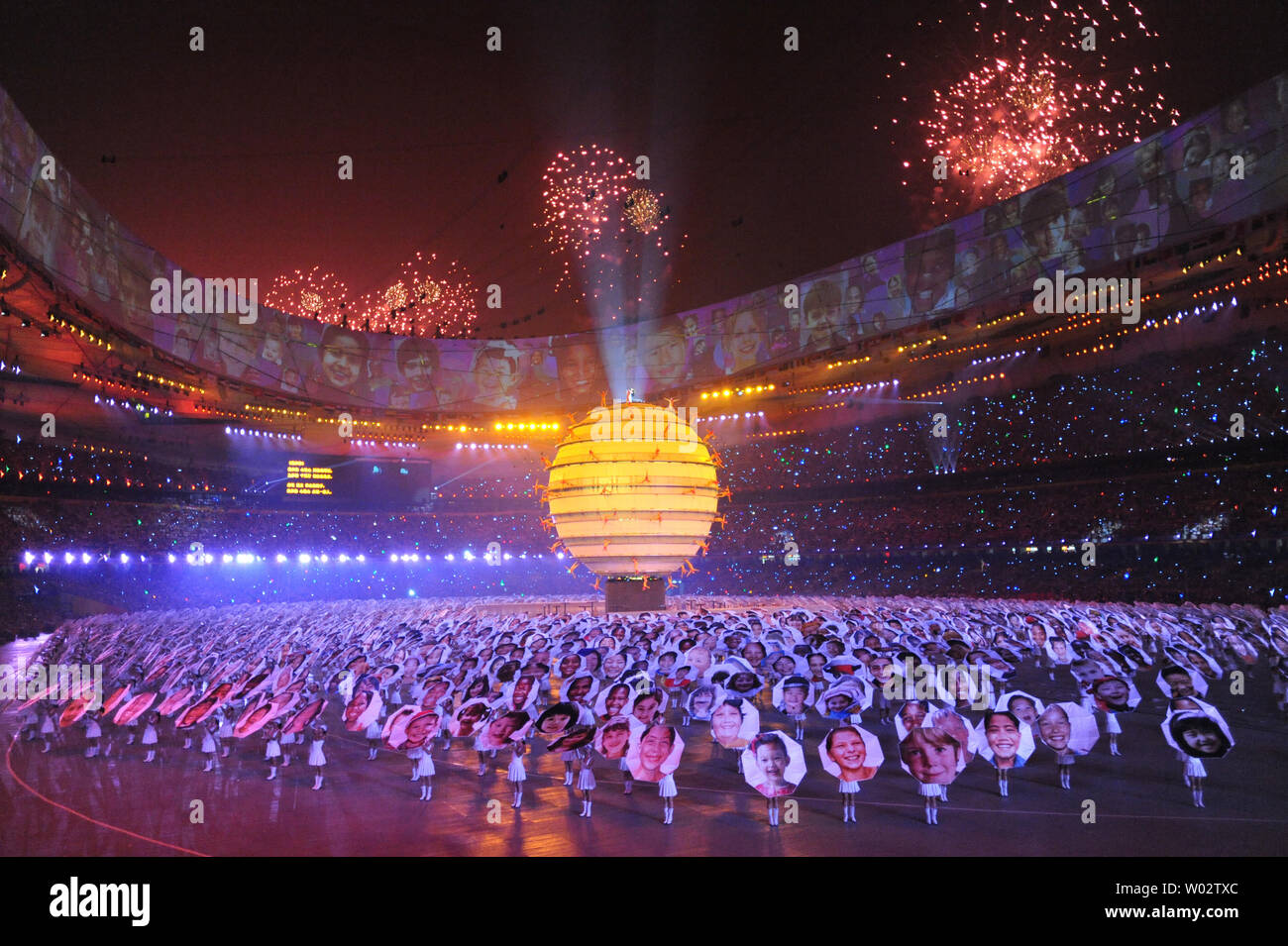 Fireworks light up the sky during the Opening Ceremony of the 2008 Summer Olympics at the National Stadium, called the Bird's Nest, in Beijing on August 8, 2008.  The Summer Games begin will run through August 24, 2008.   (UPI Photo/Pat Benic) Stock Photo