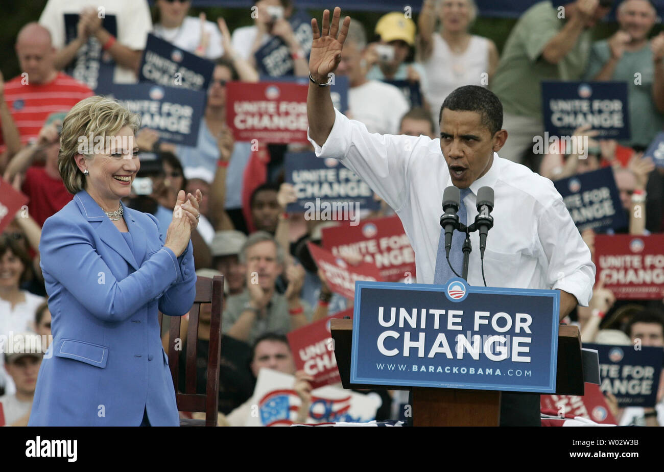 Presumptive Democratic Presidential Nominee Sen. Barack Obama, D-IL, and Sen. Hillary Rodham Clinton, D-NY, campaign together for the first time since Clinton dropped out of the race in Unity, New Hampshire, on June 27, 2008.   (UPI Photo/Matthew Healey) Stock Photo