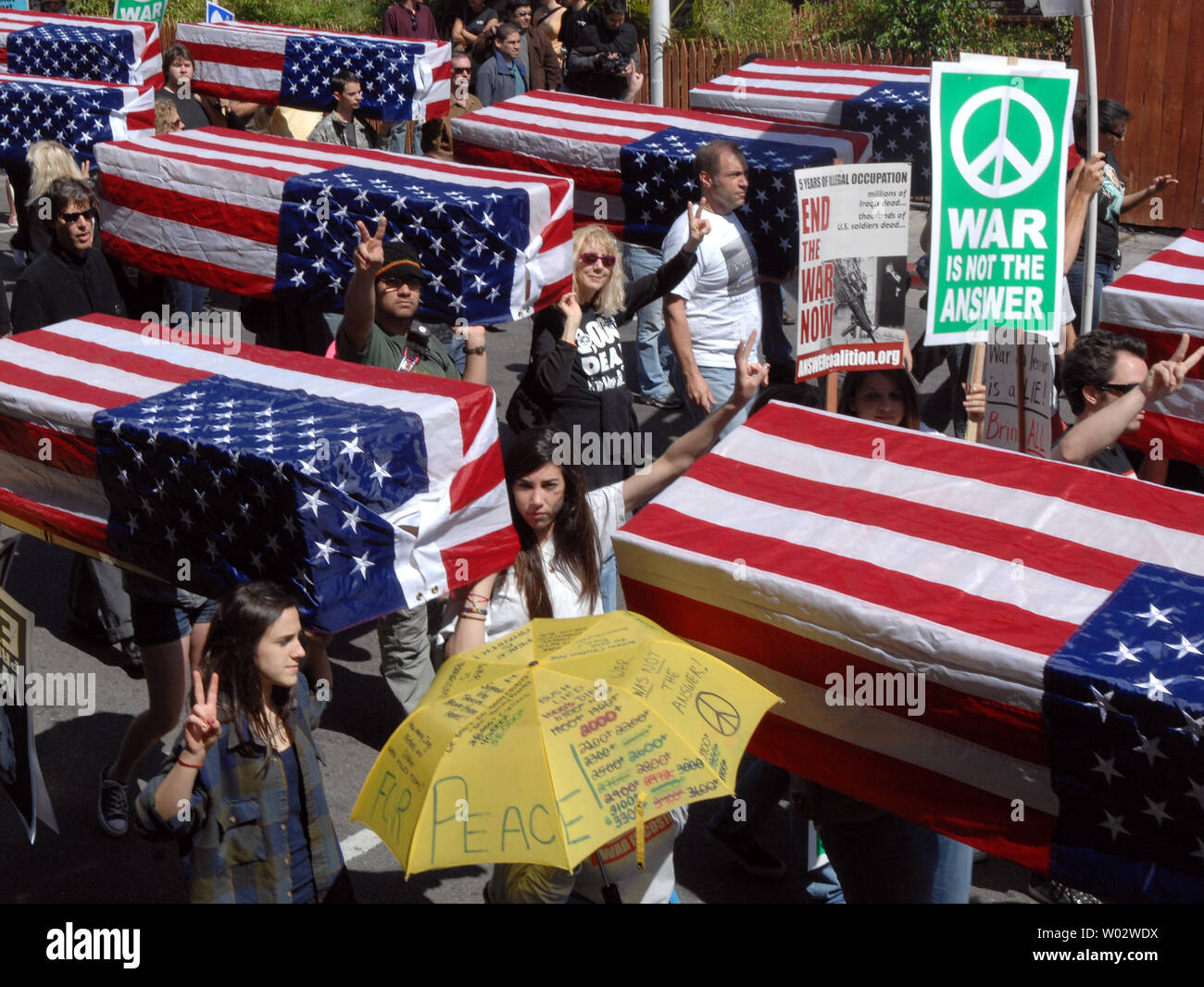 Anti-war demonstrators march through the streets of Hollywood in Los Angeles on March 15, 2008. Thousands of people protested the war in Iraq during a demonstration to mark the fifth anniversary of the U.S.-led invasion in Iraq.  (UPI Photo/Jim Ruymen) Stock Photo
