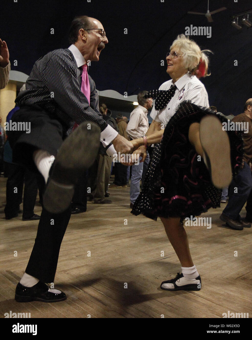 Jan (L) and Dan Hanson of Cedar Falls, Iowa dance before a tribute concert memorializing Buddy Holly, J.P. 'The Big Bopper' Richardson and Ritchie Valens at the Surf Ballroom in Clear Lake, Iowa on February 2, 2009. The three rock 'n' roll pioneers played their last show at the Surf Ballroom 50 years ago to the day. Singer Don McLean coined the phrase 'the day the music died' in his hit song 'American Pie' referring to the plane crash that killed the three stars in the early morning hours of February 3, 1959.  UPI/Brian Kersey Stock Photo