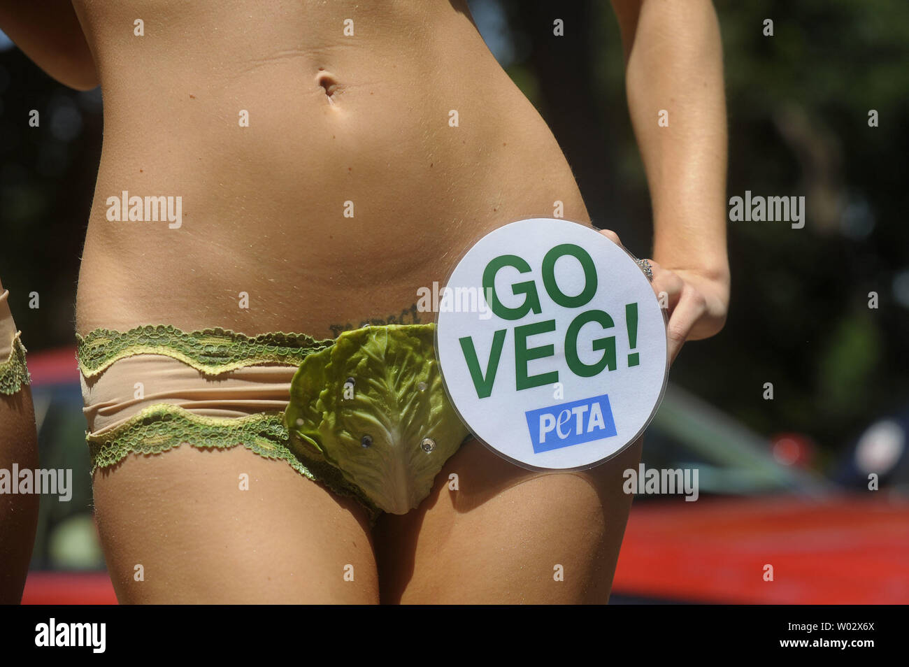 Playboy Playmate of the Year Jayde Nicole poses for a photograph prior to serving veggie hot dogs as part of an event put on by People for the Ethical Treatment of Animals (PETA) to call out against National Hot Dog Month, on Capitol Hill in Washington on July 15, 2009. UPI/Kevin Dietsch Stock Photo
