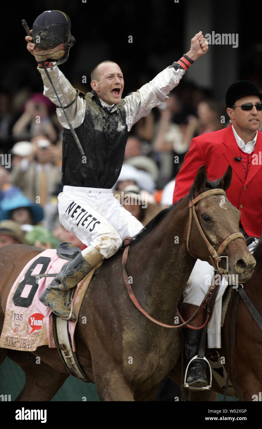 Jockey Calvin Borel, riding Mine That Bird, celebrates his victory in