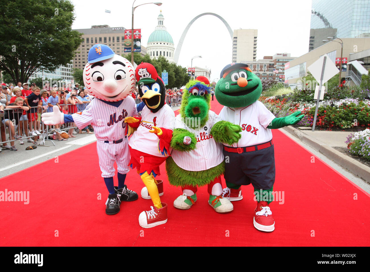 Baseball mascots from New York, St. Louis, Philadelphia and Boston ham it up just before the Red Carpet parade of players through downtown St. Louis during the MLB All Star Game festivities on July 14, 2009. UPI/Bill Greenblatt Stock Photo