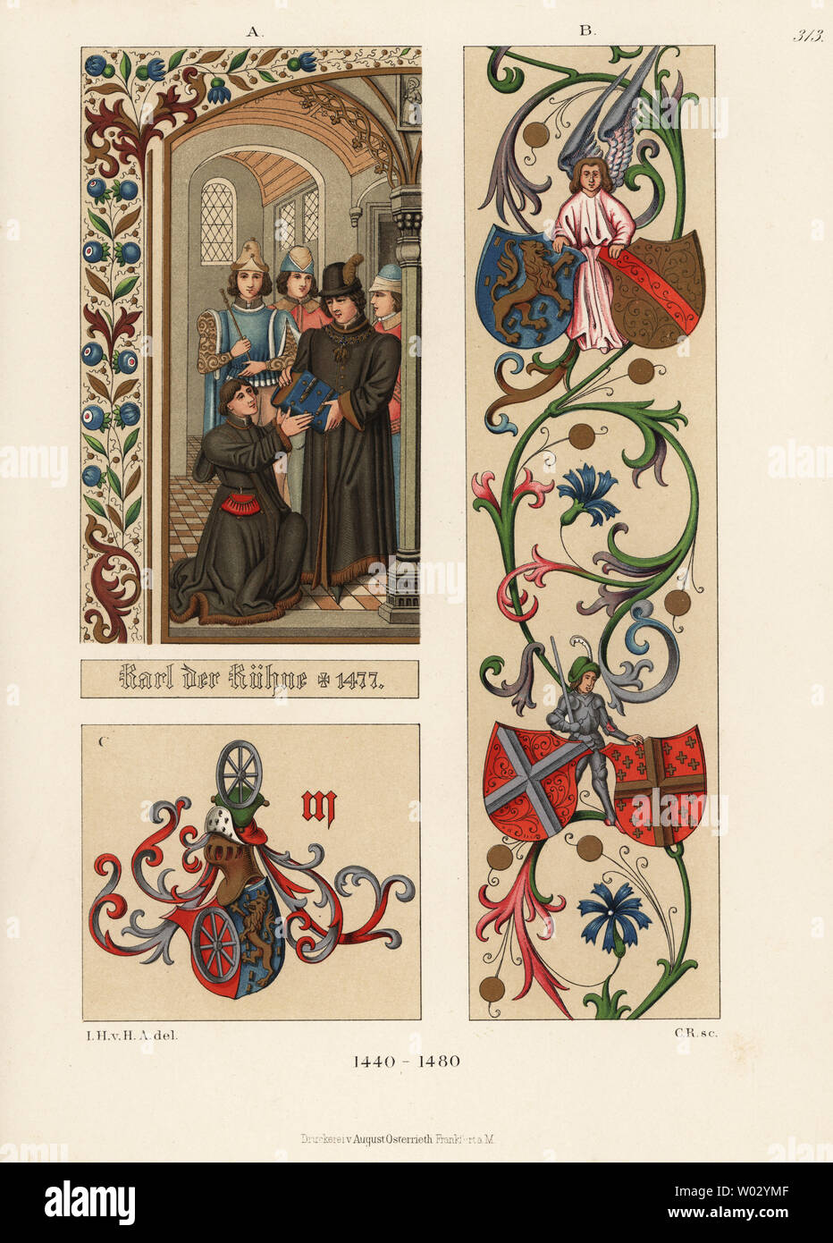 Men’s costumes of the mid 15th century. Charles the Bold, Karl I der Kühne, wearing a fur-lined coat over puff sleeved doublet. From a miniature in the titlepage of Froissart’s Chronicles. B shows an angel and knight in armour with heraldic shields, and C the crests of the Count of Nassau and the Wheel of Mainz taken from a prayer book in the castle library of Aschaffenburg. Chromolithograph from Hefner-Alteneck's Costumes, Artworks and Appliances from the Middle Ages to the 17th Century, Frankfurt, 1889. Illustration by Dr. Jakob Heinrich von Hefner-Alteneck, lithographed by C.R. Dr. Hefner-A Stock Photo