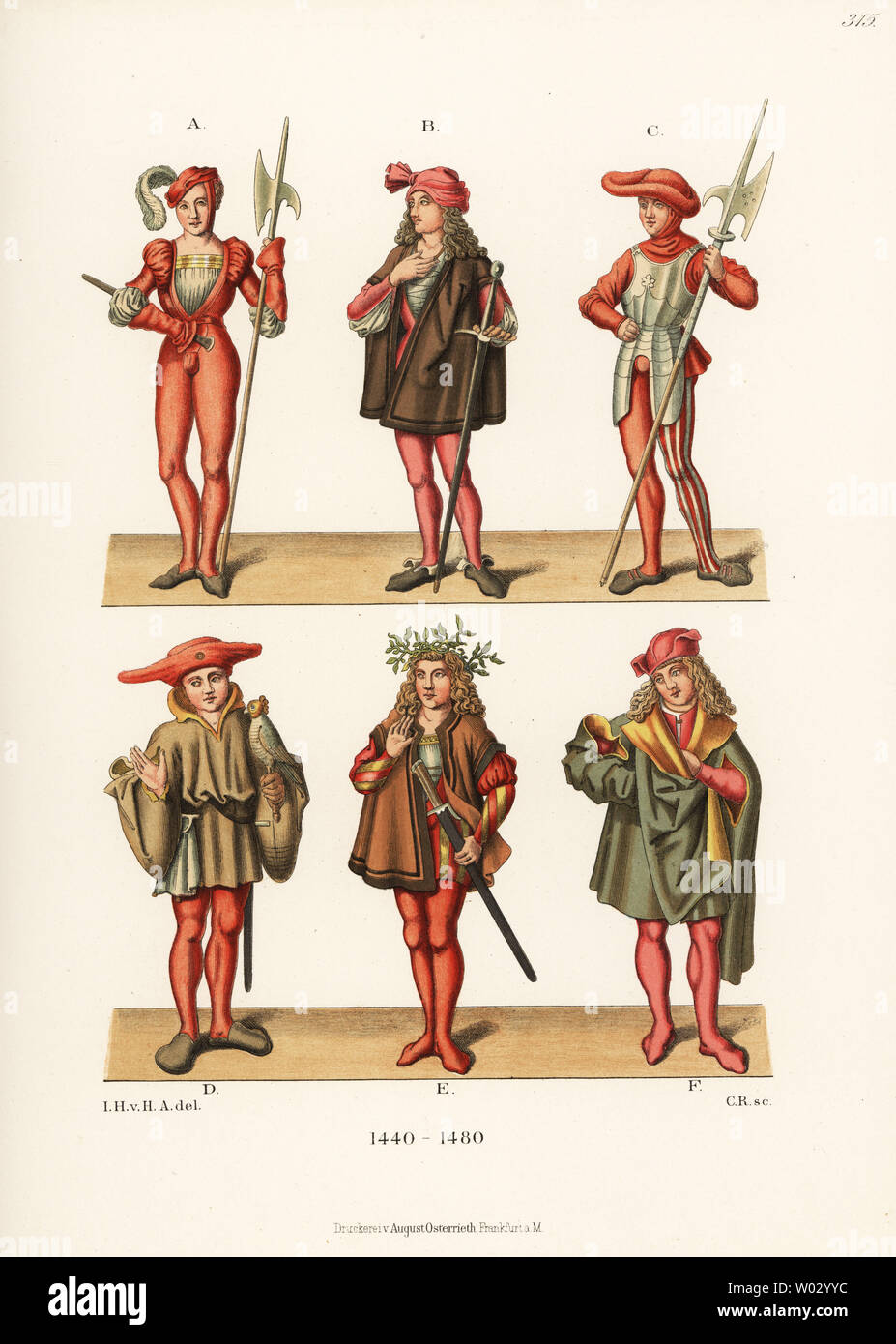 German men’s costumes of the 15th century. Young pikeman or Lansknecht with sword and halberd A, soldier with felt hat C, hunter with falcon and glove D, and young men in house clothes B,E,F. From the Duke of Saxony’s lineage book in Dresden State Archive. Chromolithograph from Hefner-Alteneck's Costumes, Artworks and Appliances from the Middle Ages to the 17th Century, Frankfurt, 1889. Illustration by Dr. Jakob Heinrich von Hefner-Alteneck, lithographed by C.R. Dr. Hefner-Alteneck (1811 - 1903) was a German museum curator, archaeologist, art historian, illustrator and etcher. Stock Photo