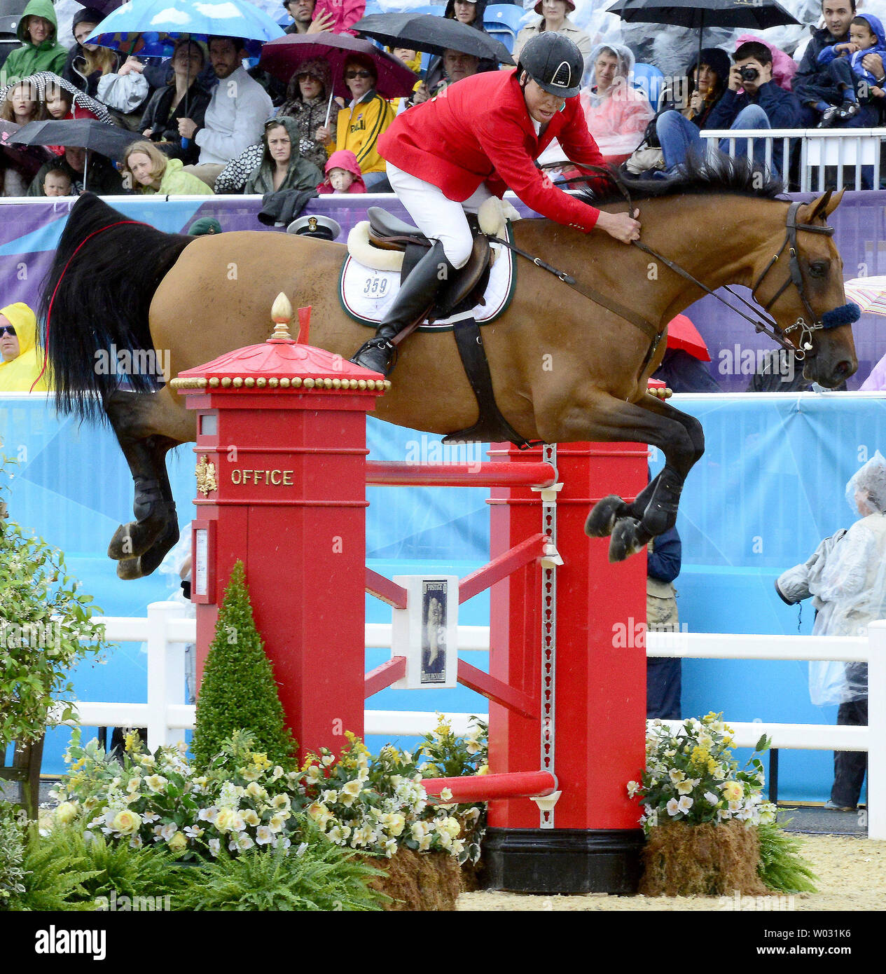 Federico Fernandez of Mexico, riding Victoria, competes in the Equestrian Individual Jumping qualifying competition at the London 2012 Summer Olympics on August 5, 2012 in London.   UPI/Ron Sachs Stock Photo