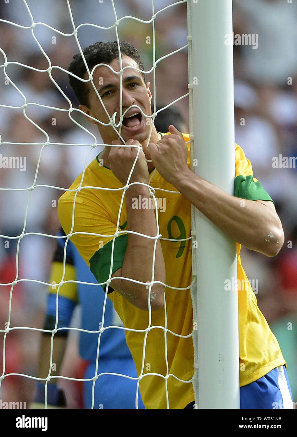 Forward Leandro Damiao of Brazil reacts after Brazil missed a shot on goal during the second half of the Gold Medal Football Match against Mexico at the London 2012 Summer Olympics on August 11, 2012 at Wembley Stadium, London. Mexico defeated Brazil 2-1 to win the Gold Medal.      UPI/Brian Kersey Stock Photo