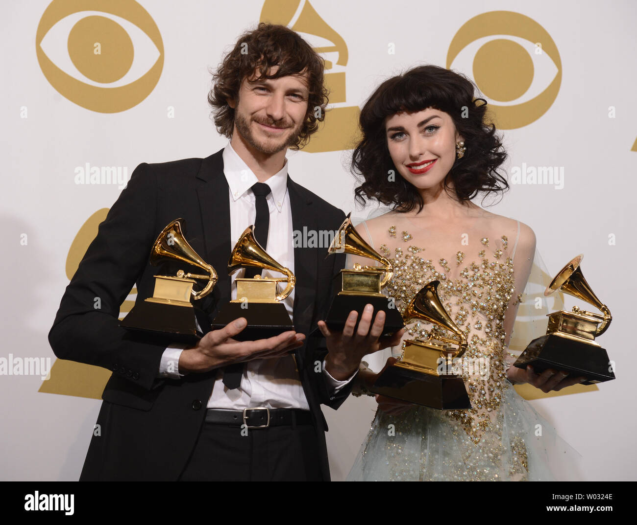Gotye and Kimbra appear backstage with the Grammys they won at the 55th Grammy Awards at the Staples Center in Los Angeles on February 10, 2013.    UPI/Phil McCarten Stock Photo