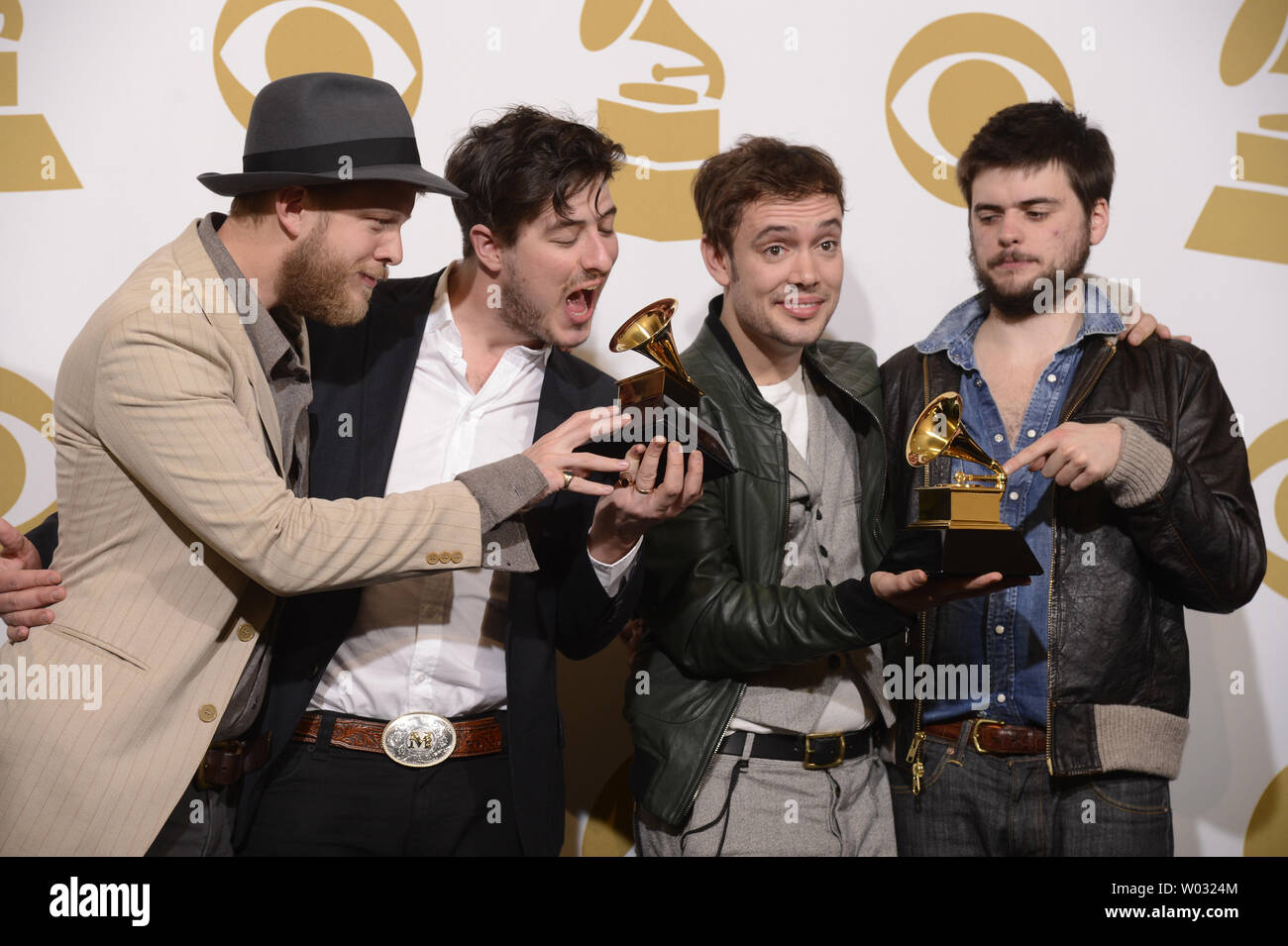 Mumford & Sons appears backstage with the Grammys they won at the 55th Grammy Awards at the Staples Center in Los Angeles on February 10, 2013.    UPI/Phil McCarten Stock Photo