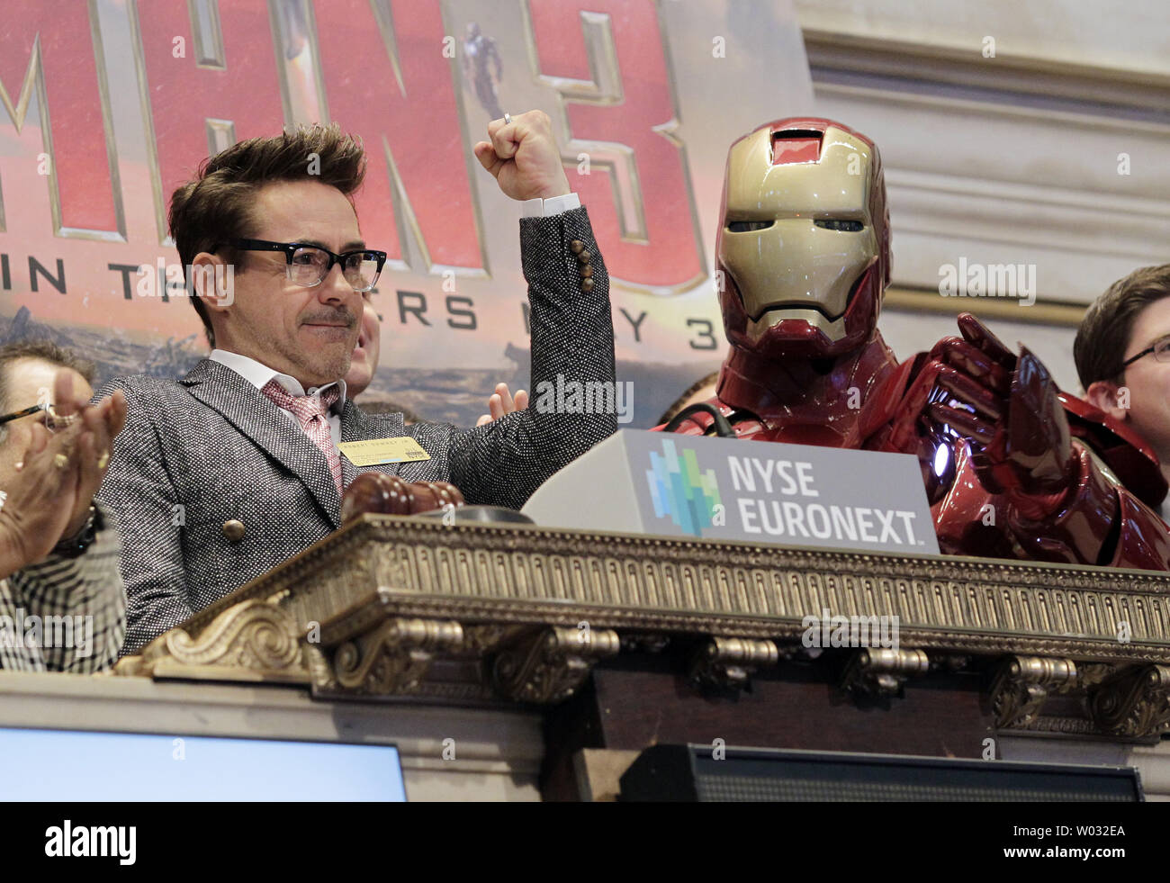 Actor Robert Downey Jr. promotes the upcoming release of 'Iron Man 3' by ringing the opening bell at the New York Stock Exchange on Wall Street In New York City on April 30, 2013.    UPI/John Angelillo Stock Photo